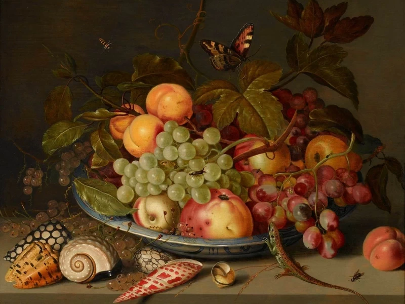 1573-Ambrosius Bosschaert - Natura morta con pesche, mele, albicocche e uva in una ciotola Porselein Wanli Kraak